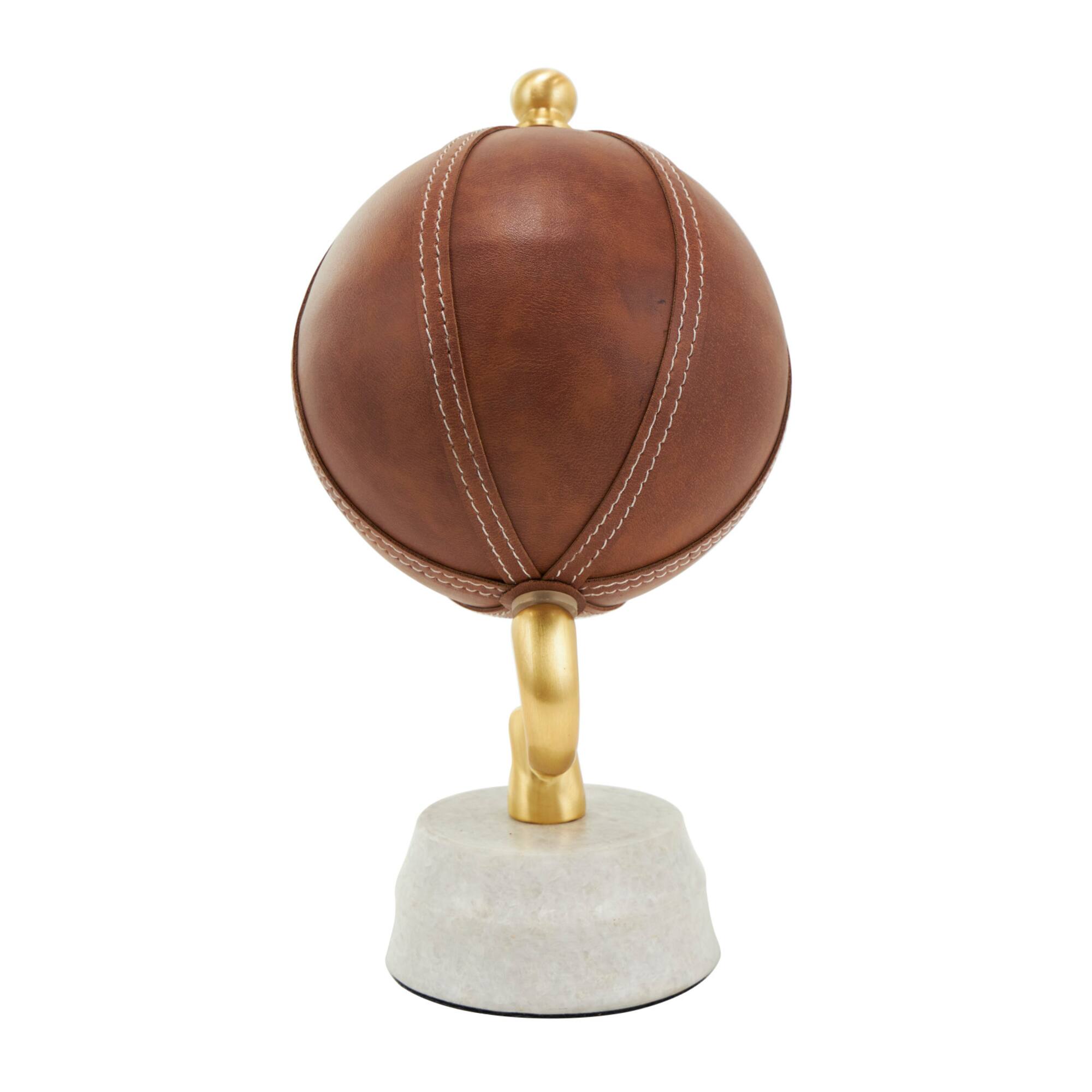 12" Brown Leather Handmade Stitched Globe with White Marble Base